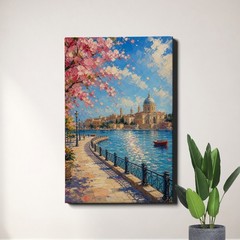 Canal Cityscape Wall Art Blooming Trees Waterfront Architecture Decor