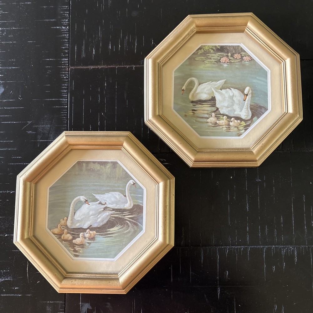 Vintage Homco/Home Interiors Swans Pictures-Set of 2 – Hexagon Brass Look Frames