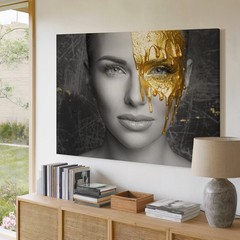 Modern Black and White Woman Portrait with Gold Paint Drip Abstract Canvas Art