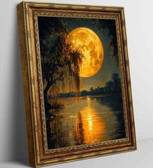 Full Moon Lake Canvas Wall Art Framed Moon Forest Tree Decor Picture Vintage …