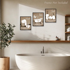 3Pcs Vintage Bathroom Wall Art Decor, Beige White Bathtub Spa Accessories Canvas