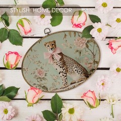 Vintage Chinoiserie Cheetah Leopard Oval Wall Art Decor Framed, Coquette Pink…