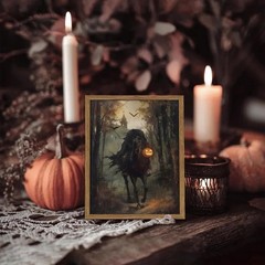 Framed Vintage Halloween Wall Art, Gothic Pumpkin Headless Horseman Wall Deco…
