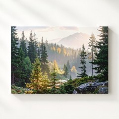 Golden Pines Canvas Vertical Forest Landscape With Sunlight & Misty Mountains