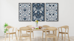 Navy Blue William Morris Style Canvas Art Set – 3 Piece Framed Decor 24″x36