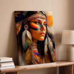 Native American Woman With Feather Headdress And Vibrant Face Paint Canvas Art