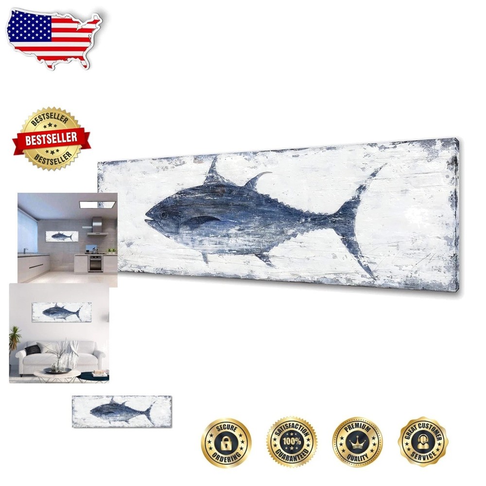 Large Blue White Abstract Tuna Fish Wall Art 36×12″ Framed Coastal Bedroom Decor