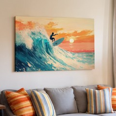Surfer Riding Ocean Wave at Sunset Beach Canvas Wall Art Modern Coastal Print