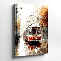 Wall Art Vintage Tram City Street Autumn Trees Rainy Urban Landscape Canvas