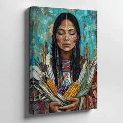 Native American Woman With Face Paint Holding Colorful Corn Canvas Wall Art