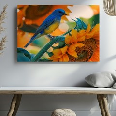 Blue Bird on Sunflower Canvas Wall Art Vibrant Nature Floral Wildlife Print