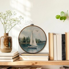 Vintage Sailboat Nautical Wall Art Decor Round Framed, Coastal Beachy Boat Ca…