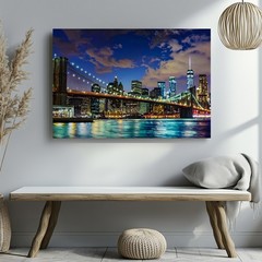Brooklyn Bridge Night Canvas Illuminated Nyc Skyline Over East River Wall Art