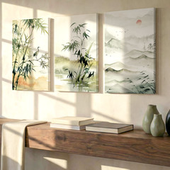 3 Pieces Serene Bamboo Mountain Landscape Soft Tones Large Wall Art Set Of 3