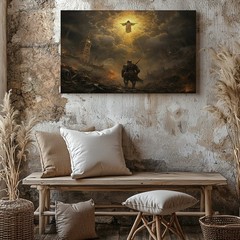 Medieval Warrior Facing Glowing Divine Figure in Dark Apocalyptic Canvas Art