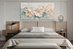 Large White Textured Floral Canvas Art for Modern Home Decor 58″x29