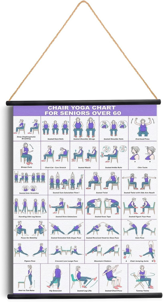 31 Poses Illustrated Fabric Poster Chair Yoga Wall Chart with Hanging Rod & Rope