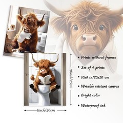 4Pcs Funny Highland Cow Wall Art Pictures, Rustic Cow Canvas Prints for Bathr…