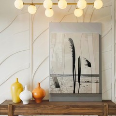 Modern Abstract Canvascurved Black Shapes On Cracked Beige Background Wall Art