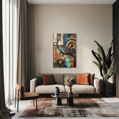 Abstract Art Deco Style Wall Art Print on Canvas Modern Gold Teal Copper Artwork