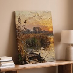 Rustic Fishing Boat Sunset Canvas Wall Art River Landscape Scene Print Art Print