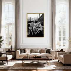 Gold Framed Black and White Canvas Wall Art Vintage New York Rooftop Woman Pa…