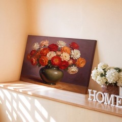 Colorful Vintage Floral Canvas Wall Art Vase with Red Orange White Flowers Print