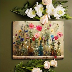 Canvas Art Framed Glass Bottle Wild Cosmos Flower Vintage Still Life Oil Decor