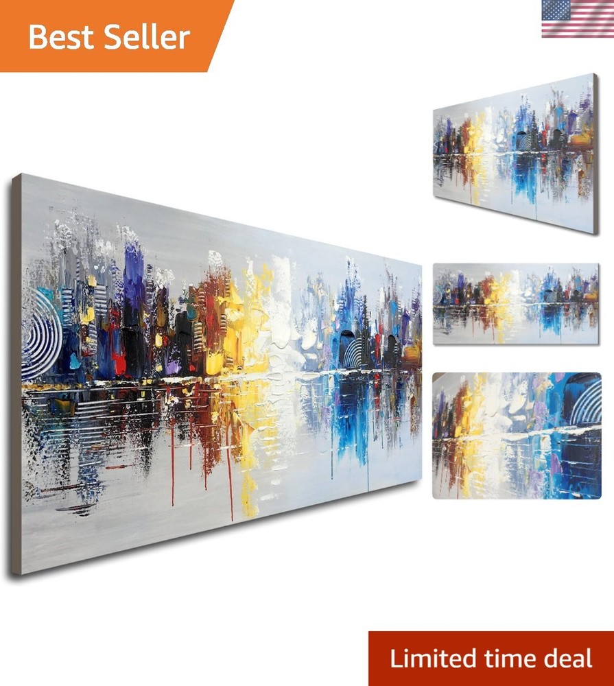 Stunning Hand-Painted Abstract Cityscape Oil Painting 48×24 – Art Deco Elegance