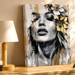 Wall Art Abstract Woman Face Floral Canvas Print Black White Gold Modern Decor