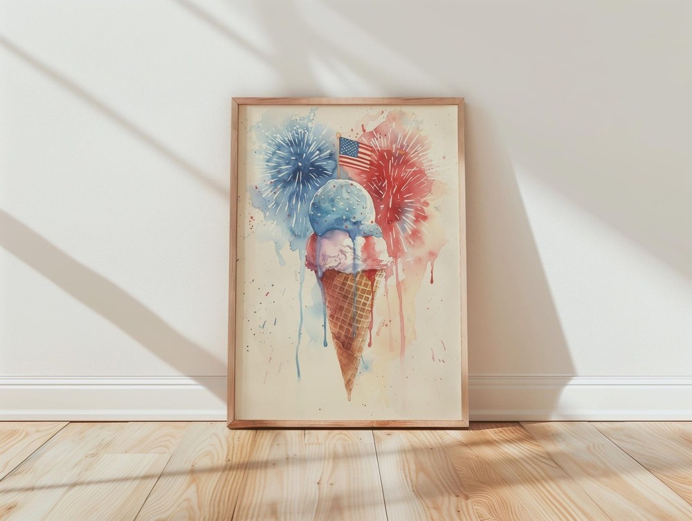 Patriotic Ice Cream Cone Watercolor Print, Red Blue Kitchen Decor, 4th of July
