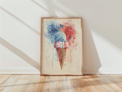 Patriotic Ice Cream Cone Watercolor Print, Red Blue Kitchen Decor, 4th of July