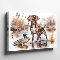Brown German Shorthaired Pointer Dog and Mallard Duck Canvas Wall Art Print