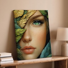 Green Eyed Woman Face With Gold And Green Leaves Canvas Wall Art Decor Art Print
