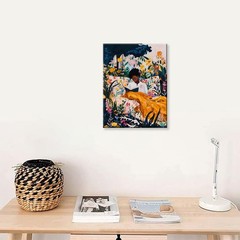 Black Woman Reading Among Flower Canvas Wall Art,Afrocentric Wall Art ,Boho S…