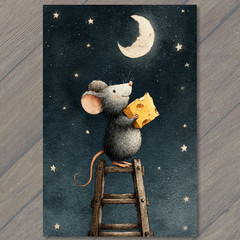 Art Print Whimsical Mouse Ladder Moon Cheese Night Sky