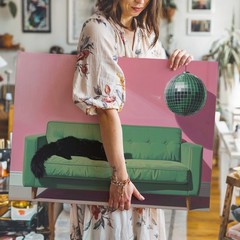 Disco Cat On Green Couch Canvasplayful Retro Minimalist Wall Art