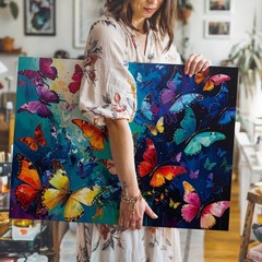 Canvas Wall Art a Dynamic Composition of Many Colorful Butterflies Against a