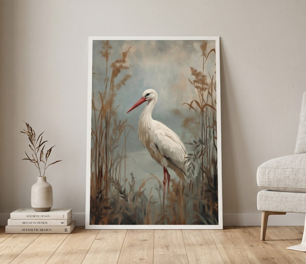 White Egret In Reeds Poster Wildlife Oil Paint Art Rustic Country Home Decor