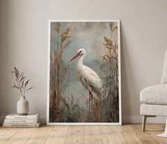 White Egret In Reeds Poster Wildlife Oil Paint Art Rustic Country Home Decor
