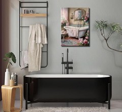 Pink Flowers Theme Bathroom Canvas Wall Art Vintage Bathtub Painting Pictures…