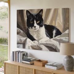 Tuxedo Cat In Bed Canvas Cozy Realistic Feline Rest Art Stillness Speaks Wall