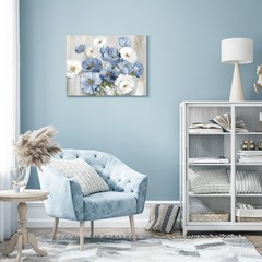 Framed Blue White Floral Wall Art, Watercolor Flower Canvas Picture for Bathroom
