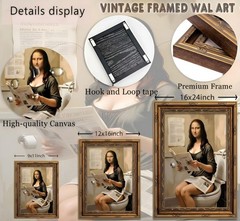 Vintage Gold Framed Mona Lisa Canvas Wall Art Funny Bathroom Mona Lisa Pictur…