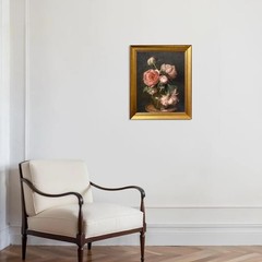 Pink Peonies Flower Oil Painting on Canvas Vintage Framed Dark Floral Wall Ar…