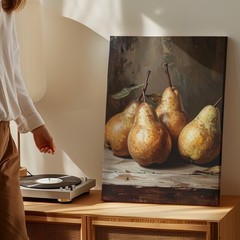 Wall Art Golden Pear Still Life Canvasclassical Oil Painting On Rustic Table