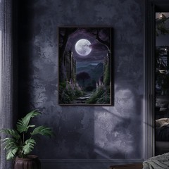 Gothic Moonlit Garden Gate Canvas Wall Art Dark Fantasy Night Decor