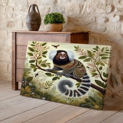 Whimsical Small Monkey on Branch with Detailed Foliage House Wall Art Print