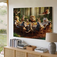 Wildlife Gathering Canvas Wall Art Forest Animals Dining Table Nature Print