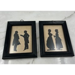 Vintage Victorian Silhouette Art Set of 2 Black Wood Frames Burlap Background